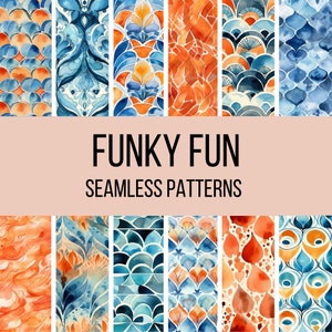 Funky Fun Nahtloses Digitales Papier - Nahtlose Blaue und Orange Retro Aquarell Muster, 12 Designs, 30x12in, kommerzielle Nutzung, Sofort Download
