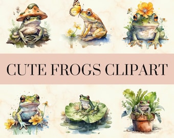 20 PNG Watercolor Cute Frogs Clipart - Pretty Floral Frog PNG Set, Cute Frogs and Mushrooms Art, Commercial Use, Instant Download
