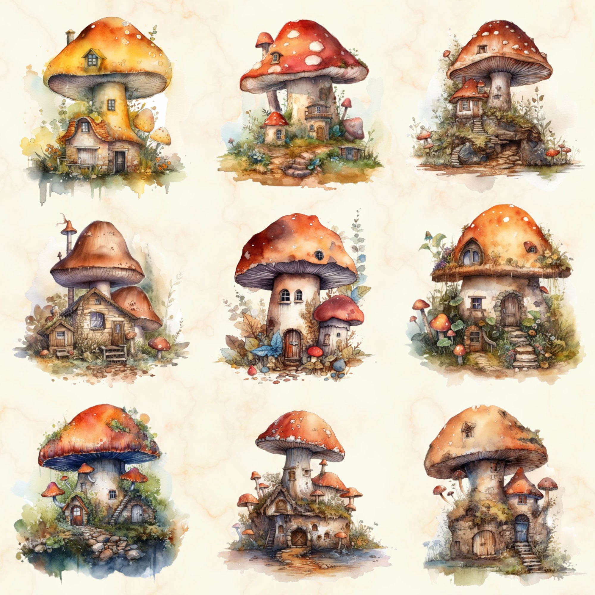 36 Watercolor Mushroom Houses Clipart - Cute Fairy House PNG Set ...