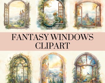 36 Fantasy Windows aquarelle Clipart - ensemble de PNG de conte de fées magiques, Fantasy Creature Art, Dragon Castle PNG, usage Commercial, téléchargement immédiat