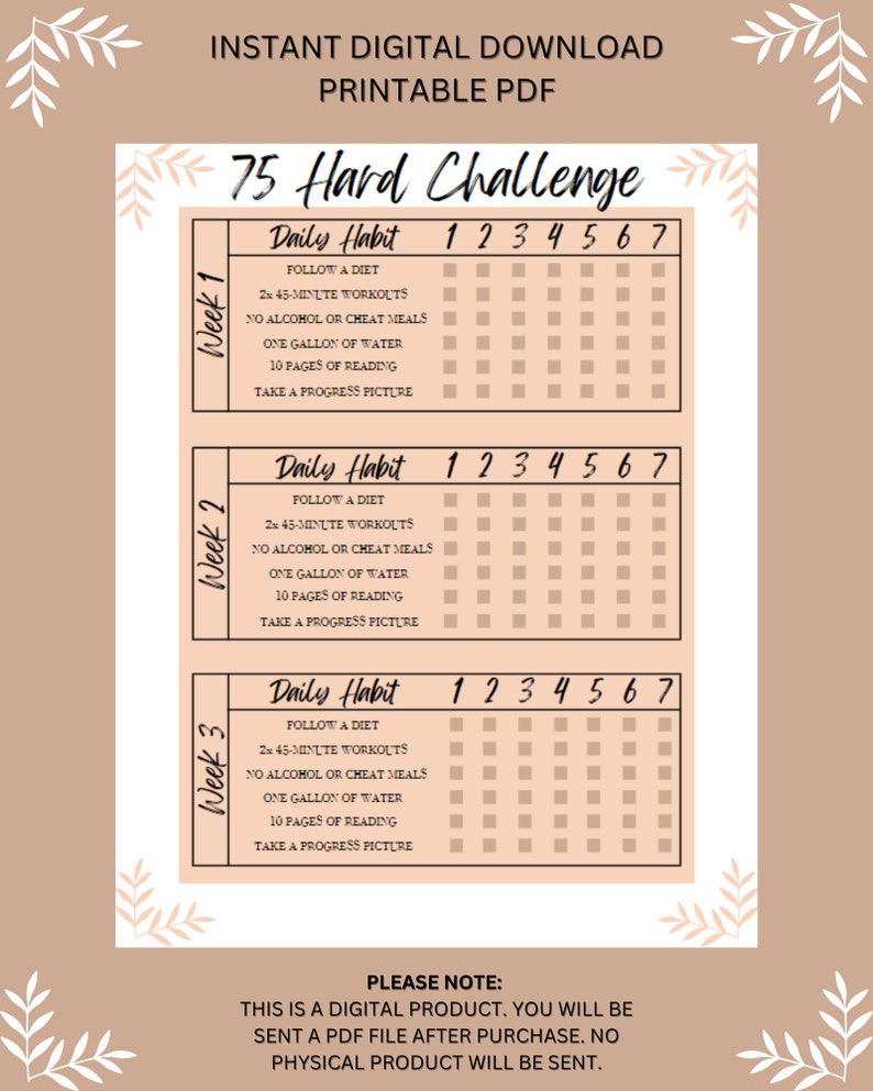 75 Hard Challenge Tracker 75 Hard Challenge PDF 75 Day Hard Challenge 75 Hard Challenge Tracker 75 Hard Challenge PDF 75 Day Hard Challenge