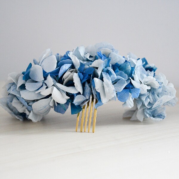 Tocado azul de Hortensia preservada, Flores preservadas para tocado de boda, Peineta de flores azules, Hortensias preservadas para novia