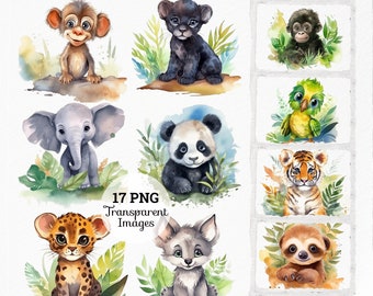 Mignon Jungle Animal Clipart, Aquarelle Animaux, Jungle Thème Baby Shower, Jungle Nursery Decor, Nursery Art, Tiger Panda Elephant PNG