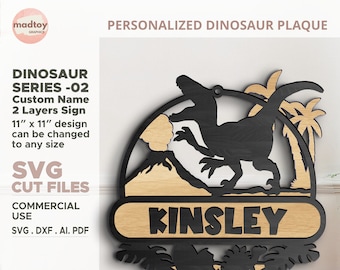 Dinosaur Custom Name Layered Plaque Design for Glowforge & Laser Cutting. SVG Cricut Digital Download Cut File.  Great Personalized Gift.