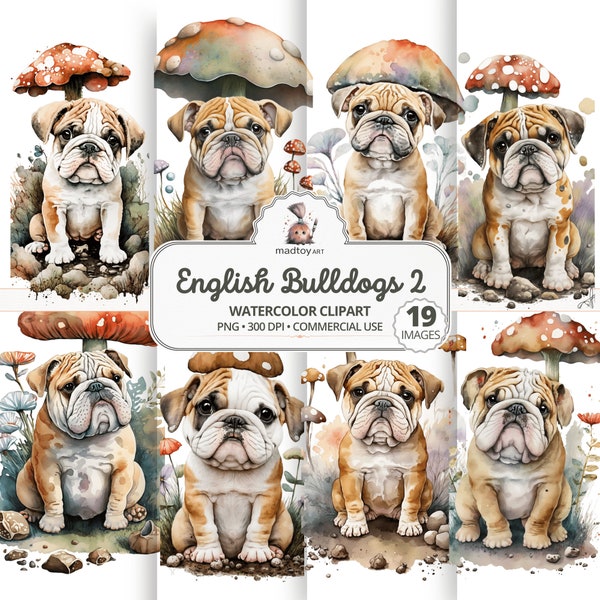 English Bulldog Clipart, Cute Watercolor Dogs Clipart PNG, Bulldog Puppy, Fun Cool Dog PNG, Dog Portrait, Watercolor Clipart