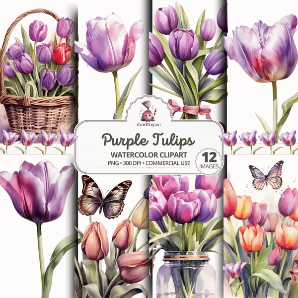 Purple Tulips Clipart Bundle, 12 Watercolor Tulips PNG Files, Spring Floral Clipart, Purple Flowers and Butterflies, Tulip Art Print