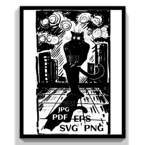 Gato negro detective png svg imprimible tarjeta de regalo de Halloween silueta clipart animal estilo cómic divertido fumando noche ciudad camiseta impresión
