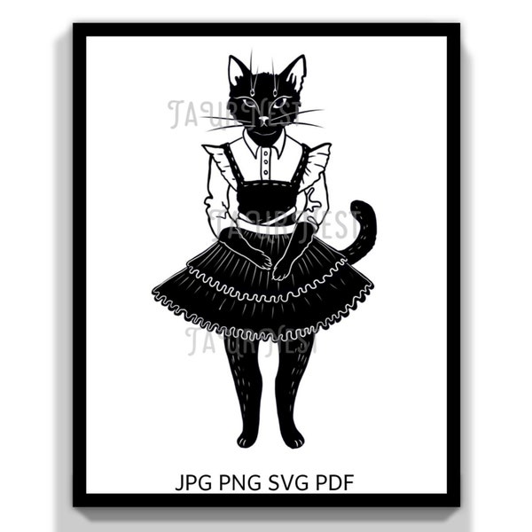 Cute black in a dress kitty outfit lady cat skirt retro cartoon children svg PNG JPG PDF Files for Silhouette Cameo & Cricut children book