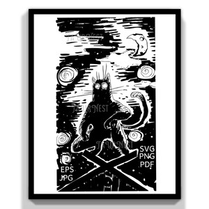 May include: Black and white illustration of a cat with glowing eyes, sitting on an X-shaped structure. The artwork features a night sky with a crescent moon and swirling patterns. Text includes "JABUR NEST", "EPS", "JPG", "SVG", "PNG", and "PDF".