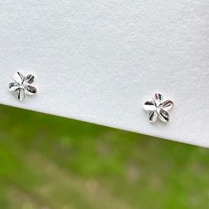 May include: A pair of silver flower stud earrings. The earrings are small and delicate, with a simple design.