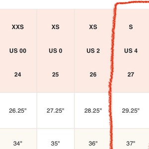 May include: Size chart for clothing with measurements in US sizes, inches, and centimeters. The chart shows sizes from XXS to S.