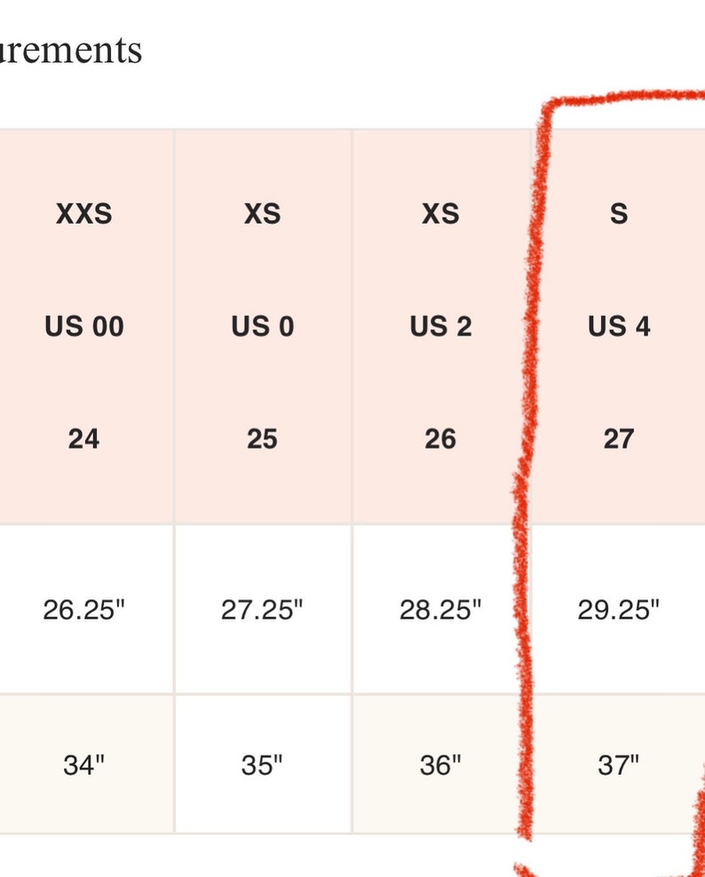 May include: Size chart for clothing with measurements in US sizes, inches, and centimeters. The chart shows sizes from XXS to S.