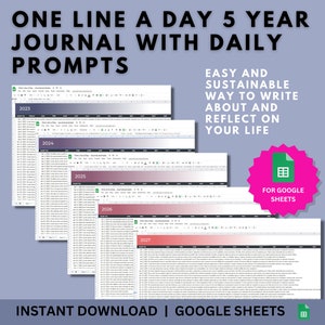 5-årig dagbok med en rad om dagen och uppmaningar (digital nedladdning av Google Sheets)