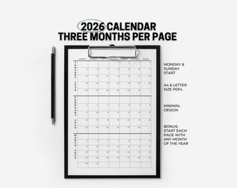 2026 calendar | 3 months per page | Minimalist Modern Calendar | Printable PDF | Instant Download