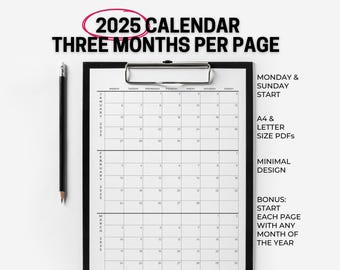 2025 calendar | 3 months per page | Minimalist Modern Calendar | Printable PDF | Instant Download