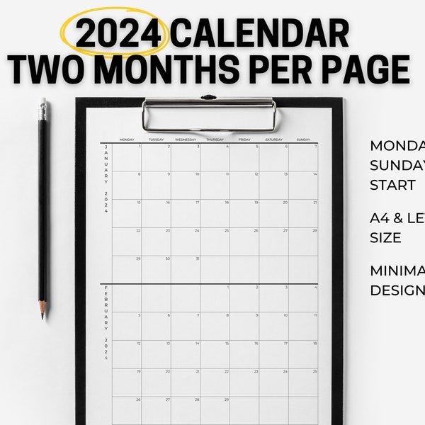 2024 calendar | 2 months per page | Minimalist Calendar | Printable PDF | Instant Download