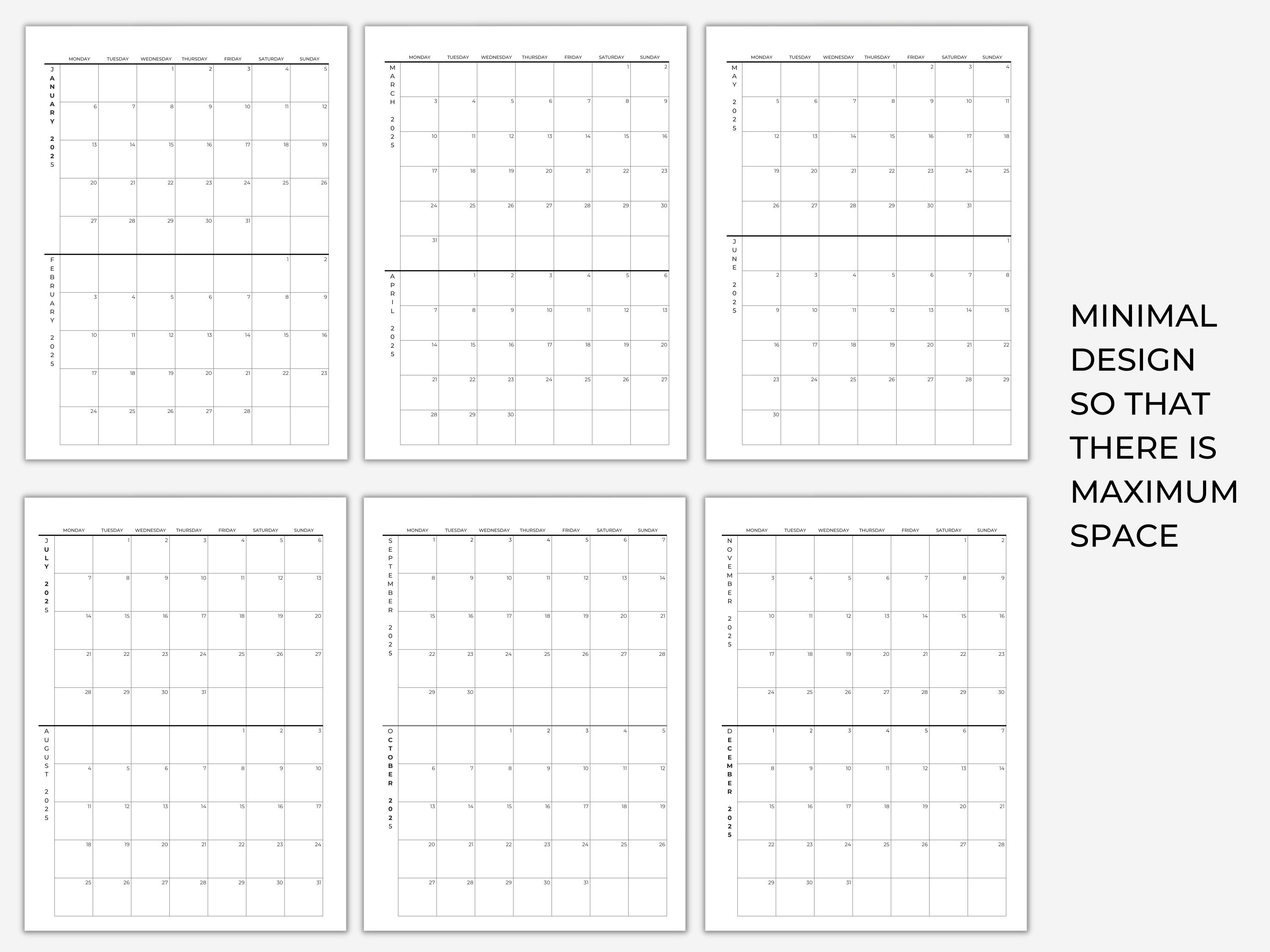 2025 Calendar 2 Months per Page Minimalist Calendar Printable PDF