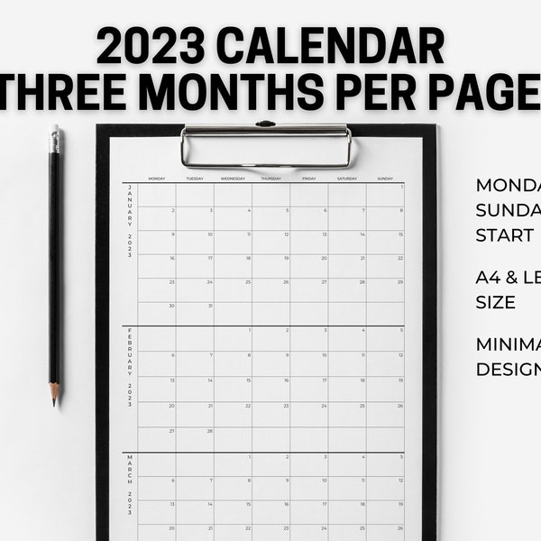 2023 calendar | 3 months per page | Minimalist Calendar | Printable PDF | Instant Download