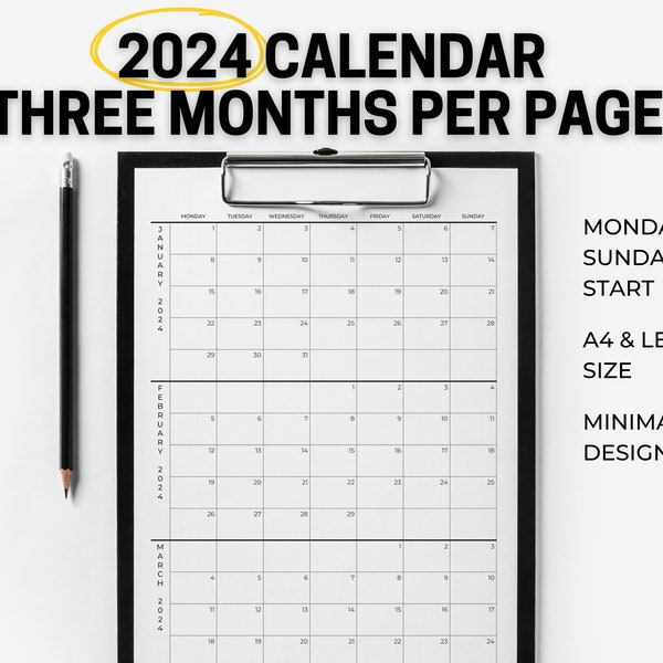 2024 calendar | 3 months per page | Minimalist Calendar | Printable PDF | Instant Download