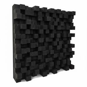 May include: A square acoustic diffuser panel constructed from numerous black-stained wooden blocks of varying depths. The blocks are arranged in a grid pattern, creating a textured, three-dimensional surface with visible wood grain.