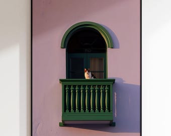 Cat on Balcony Art Print: Modern Maximalist Home Decor (Digital Download)
