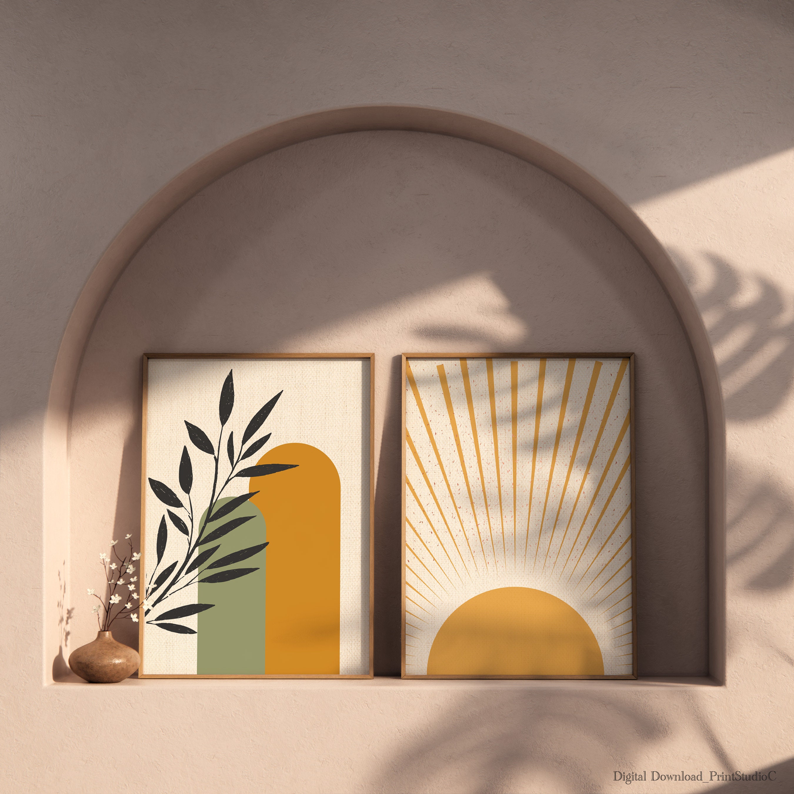 Boho Print Set of 4, Mustard Yellow Prints, Neutral Mid Century Modern