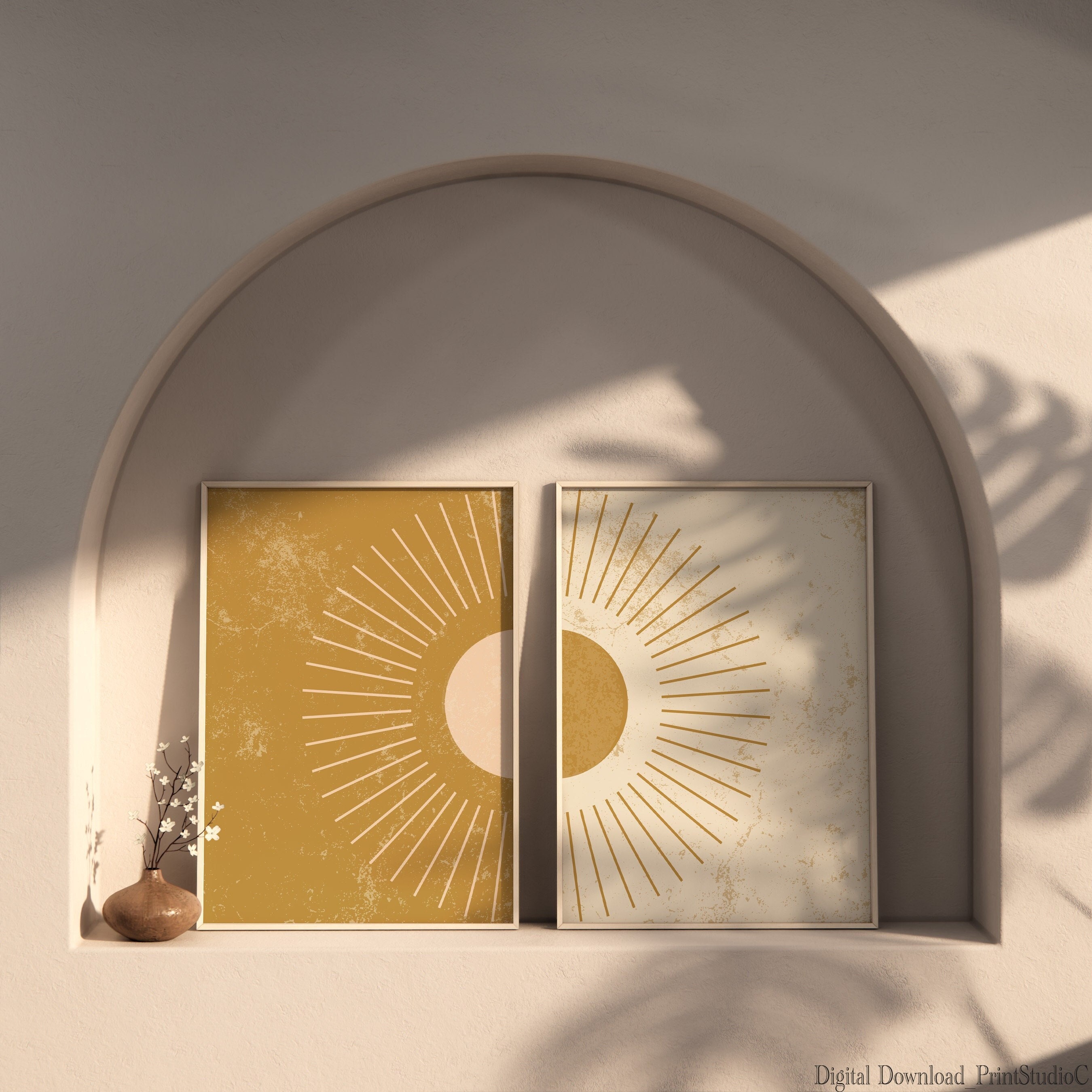 Boho Wall Art, Set of 2 Prints, Mustard Yellow Wall Art, Sun Wall Art ...