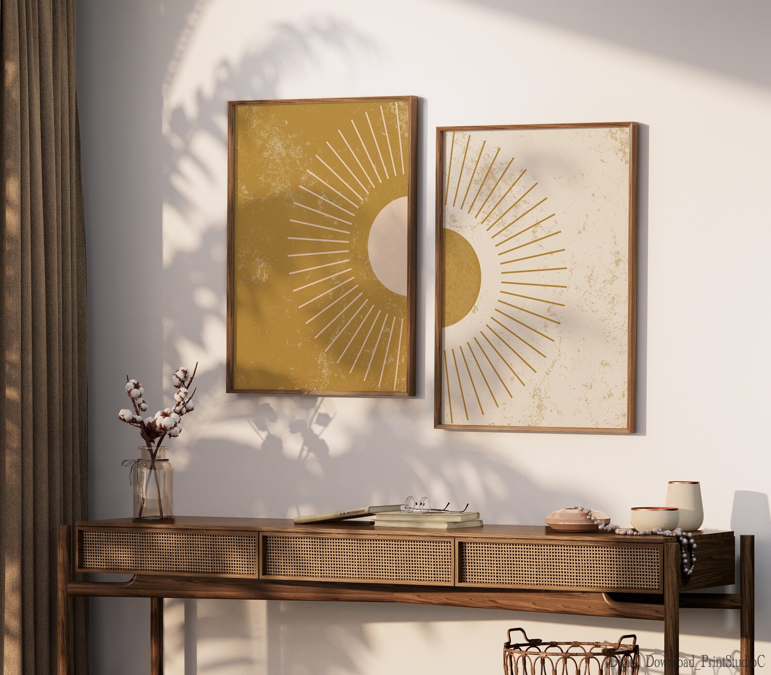 Boho Wall Art, Set of 2 Prints, Mustard Yellow Wall Art, Sun Wall Art ...