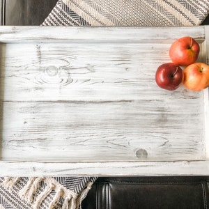 Solid wood ottoman tray, tray with handles, large ottoman tray rectangle, coffee table tray, weathered white tray, country white farmhouse
