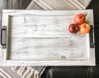 Solid wood ottoman tray, tray with handles, large ottoman tray rectangle, coffee table tray, weathered white tray, country white farmhouse