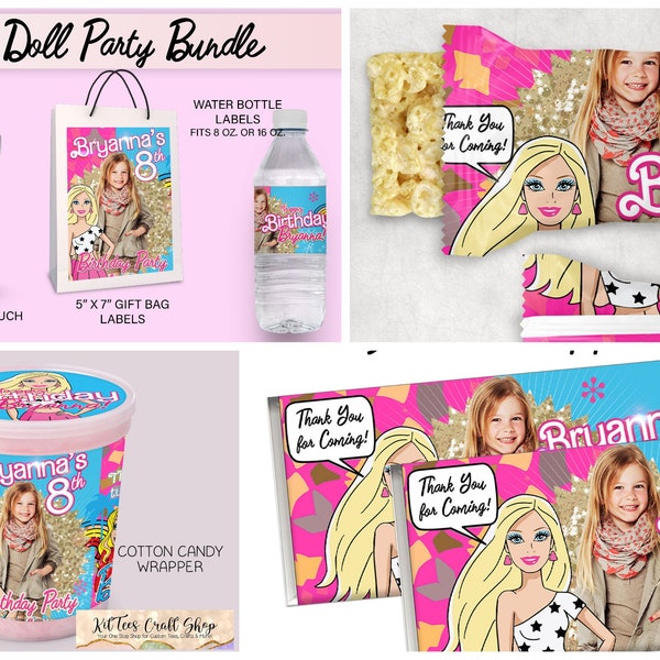 Barbi Doll Party Package, 8+ Item Party Package, We Edit You Print, Digital Download, 1-24 Hour Turnaround, Chips, Water, Krispies & more