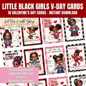 Valentinstagskarten für schwarze Mädchen, enthält 16 einzigartige Karten, Valentinstag zum Ausdrucken, Valentinstagskarte, Karten für Freunde und Klassenkameraden