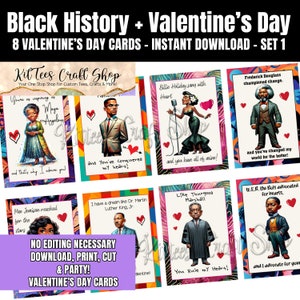 Zwarte geschiedenis Valentijnsdagkaarten, 8 zwarte geschiedenismaandkaarten, schattig afdrukbaar voor kinderen, studenten, leraren, collega's, klaslokalen [Set #1]