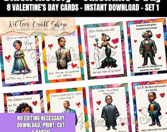 Black History Valentines Day Cards, 8 Black History Month Cards, Cute Printable For Kids, Students, Teachers, Coworkers, Classrooms [Set #1]
