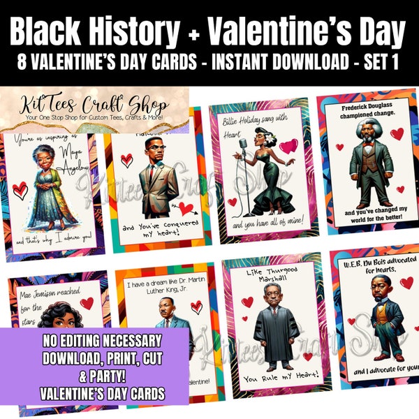 Black History Valentines Day Cards, 8 Black History Month Cards, Cute Printable For Kids, Students, Teachers, Coworkers, Classrooms [Set #1]