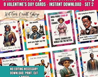 Black History Valentines Day Cards, 8 Black History Month Cards, Cute Printable For Kids, Students, Teachers, Coworkers, Classrooms [Set #2]