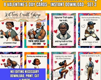 Black History Valentines Day Cards, 8 Black History Month Cards, Cute Printable For Kids, Students, Teachers, Coworkers, Classrooms [Set #3]