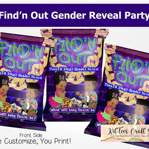 May include: Three purple and gold chip bags with the text "Find'n Out" in green and yellow letters. The bags have a cartoon image of two children with the text "Trana & Pray's Gender Reveal" and "What will baby Reese be?"