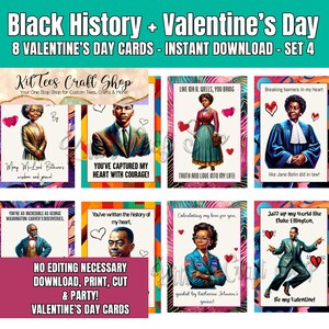 Zwarte geschiedenis Valentijnsdagkaarten, 8 zwarte geschiedenismaandkaarten, schattig afdrukbaar voor kinderen, studenten, leraren, collega's, klaslokalen [Set #4]