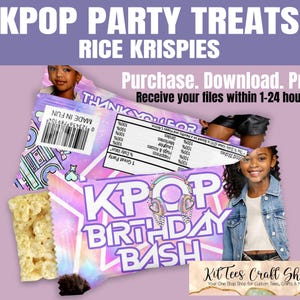 May include: A KPOP-themed Rice Krispies treat package with the text "KPOP PARTY TREATS" and "KPOP BIRTHDAY BASH." The package has a purple, pink, and blue design with a barcode and the text "MADE IN FUN."