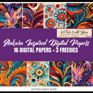 May include: A digital paper pack with 16 colorful patterns inspired by Ankara fabric. The patterns feature swirls, flowers, and geometric shapes in shades of orange, blue, red, and purple. The text "Ankara Inspired Digital Papers 16 DIGITAL PAPERS + 3 FREEBIES" is displayed on a purple background. The text "Kit Tees Craft Shop" is displayed on a white background.