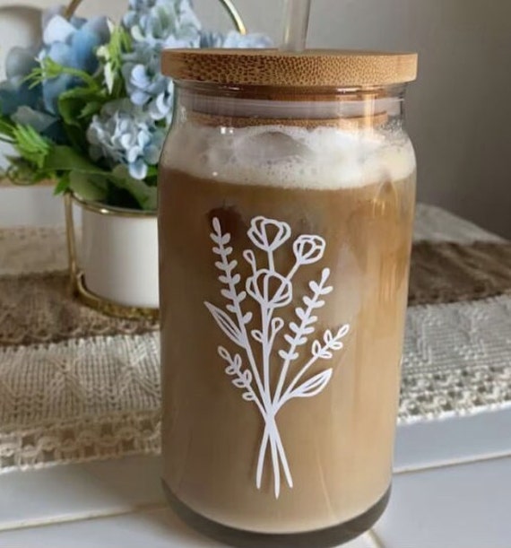 Wildflower Cup Iced Coffee Glass Floral Glass Can with Lid Straw Cute Boho  Coffee Cup for Women Friends Bridesmaids Mom (EB3496WFL)