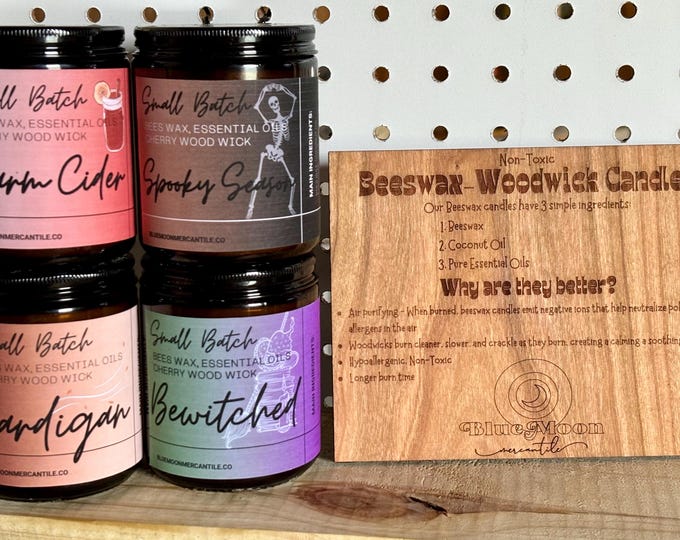 Featured listing image: Essential Oil Beeswax Candle: Wood Wick, Amber Jar, Clean Burning