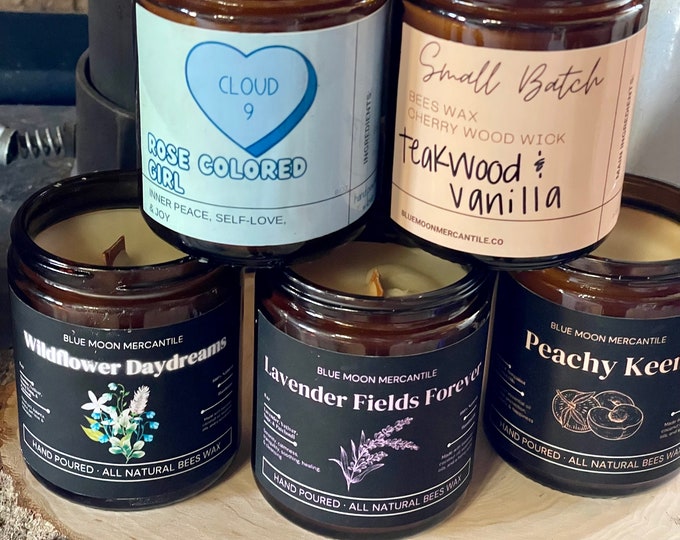 Featured listing image: Essential Oil Beeswax Candle: Wood Wick, Amber Jar, Clean Burning