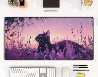 Black Cat Lavender Desk Mat: Starry Night Home Office Decor