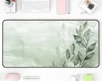 Watercolor Sage Green Leaves Desk Mat, Minimalist Aesthetic Office Accessory, Cute Mousepad, Trendy Workspace, Gaming Mouse Pad, Desk Pad