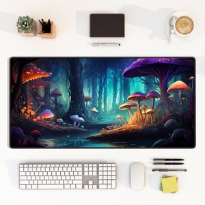 Enchanted Mushroom Forest Desk Mat, Magical Glow Aesthetic, Large Gaming or Work Keyboard and Mouse Pad, Gamer Office Table Accessories