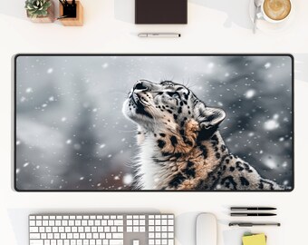 Majestic Snow Leopard Desk Mat, Snowy Mountain Landscape Aesthetic, Large Keyboard Mouse Pad, Gamer Office Decor, Modern Gaming Room Setup