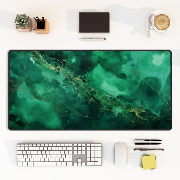 Emerald Green Marble Pattern Desk Mat, Elegant and Simple, Large Keyboard and XL Mouse Pad, Gamer Home Office Desk Accessories and Decor