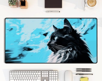 Black Cat on Blue Distorted Background Desk Mat, Large Keyboard and Mouse Pad, Desktop Organization or Gamer Office Decor or Accessories